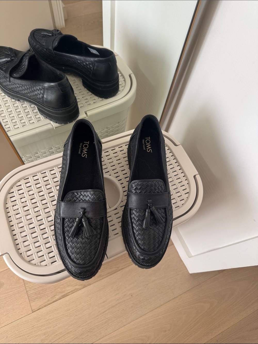 TOMS Black Woven Leather Tassel Loafers